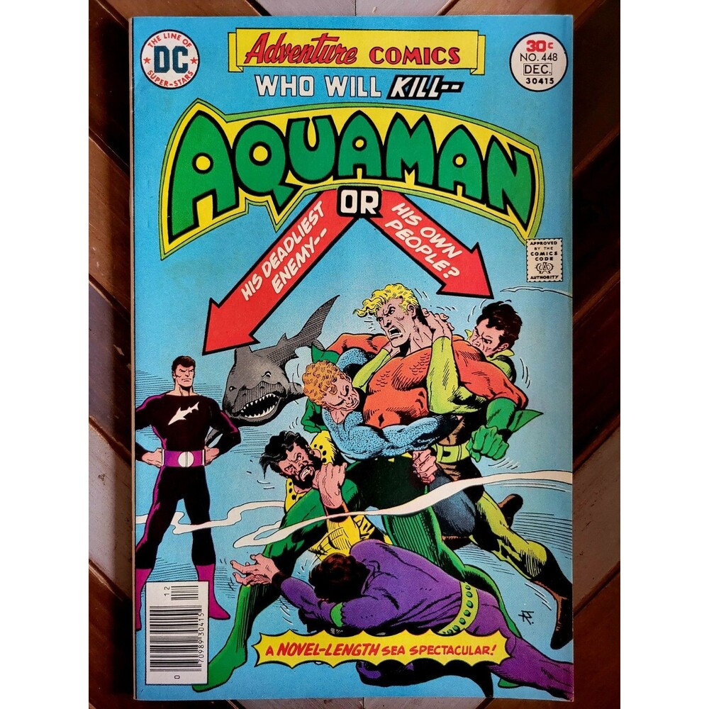 Adventure Comics #448 DC 1976 Newsstand! Aparo Cover! Aquaman vs. The Shark! FN+